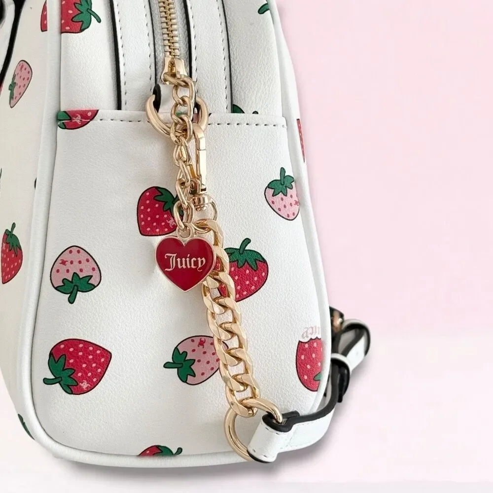 Juicy Couture White Sweet n Juicy LARGE Bowler Bag Satchel Strawberry Coin Purse